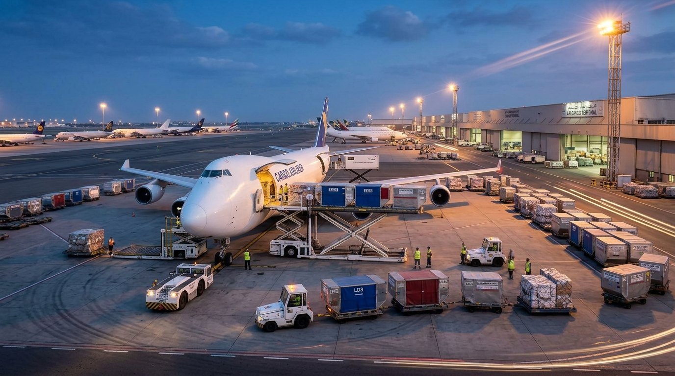 Air cargo freighter being loaded with ULD containers at dusk