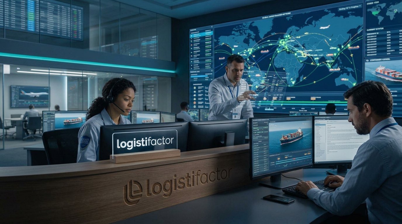 Logistics control room with a live shipment map on the video wall