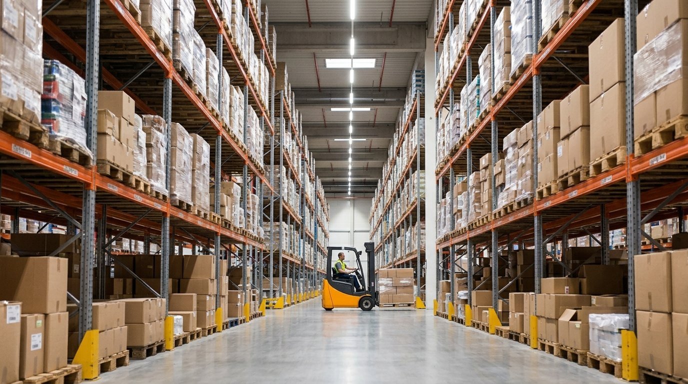 Warehouse aisle with high-bay pallet racking and a forklift